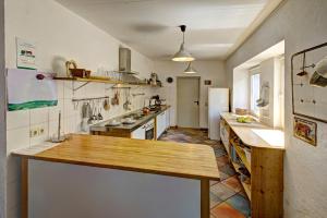 a kitchen with a wooden counter top in a room at Nengshof Ferienhäuser Sonnenblume und Heublume in Wißmannsdorf