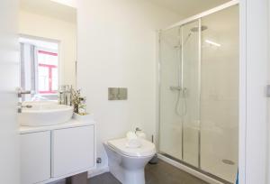 La salle de bains est pourvue de toilettes, d'un lavabo et d'une douche. dans l'établissement Oporto Sweet Home III, à Porto