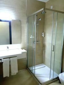 a bathroom with a shower and a sink at O Abel Hotel rural in Bragança