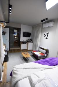 a bedroom with a bed and a couch and a tv at Magnifique Luxury Suites in Thessaloniki