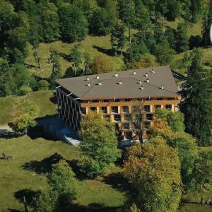 an aerial view of a large building in the woods at The Valley Bakuriani in Bakuriani