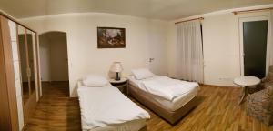 Zimmer mit 2 Betten und einer Lampe in der Unterkunft Monteurzimmer Ferienwohnungen Fritsche-Tauberbischofsheim in Dittwar