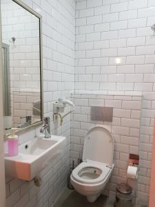 a bathroom with a sink and a toilet and a mirror at Linden Houses in Istanbul