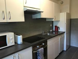 a kitchen with white cabinets and a sink and a microwave at Les Arolles in Arolla