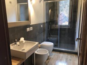 a bathroom with a sink and a toilet and a shower at Agriturismo La Casa Nel Bosco in Boveglio +34 photos