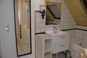 La salle de bains est pourvue d'un lavabo et d'un miroir. dans l'établissement Au Pays de la Potasse, à Ungersheim