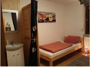 a small bedroom with a bed and a sink at Ferienwohnung Ranch in Meckenbeuren