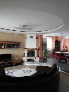 a living room with a couch and a fireplace at Casa Borza in Alba Iulia
