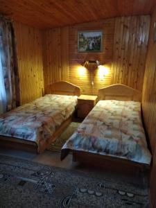two beds in a room with wooden walls at Яблучко in Yaremche