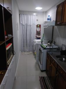 una pequeña cocina con fregadero y lavadora en Residencial Saul Bertemes, en Bombinhas