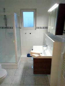 a bathroom with a shower and a sink and a toilet at Ferienwohnung am Plöner See in Ascheberg