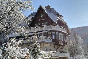 ein großes Haus mit Schnee in den Bergen in der Unterkunft Villa Daheim Semmering in Semmering