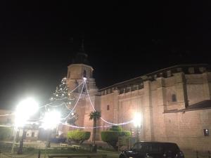 Un árbol de Navidad delante de un edificio por la noche en San Cristobal, en Villahermosa