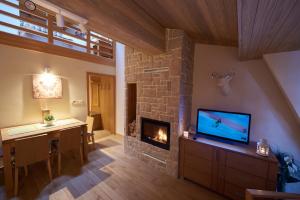 sala de estar con chimenea y TV en Apartment 411 Vucko, en Jahorina