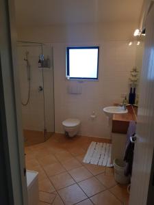 a bathroom with a toilet and a shower and a sink at Haven Sanctuary Suite with Private Entrance in Queenstown