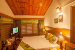 坎納塔爾的住宿－The Hermitage Kanatal，一间卧室设有一张木天花板床。