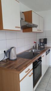 a kitchen with a sink and a counter top at Hof Heideland 2 - Fenster zum Hof in Eichholz