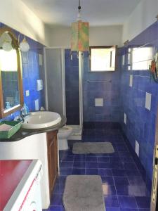 a blue tiled bathroom with a sink and a toilet at Country Lodge MoniGio in Quattro Pani