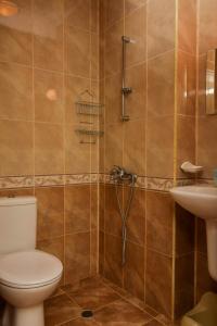 a bathroom with a shower with a toilet and a sink at Comfort Apartment in Pomorie