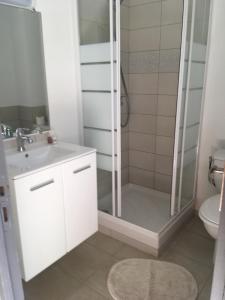 un bagno con doccia, lavandino e WC di Le Clos des Arbousiers a Linguizzetta