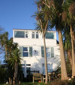 a white building with palm trees in front of it at Coast Accommodation in St Ives