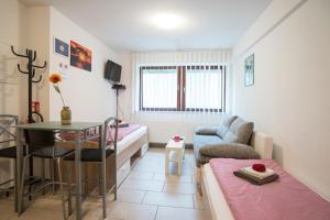 a living room with a couch and a table at Düsseldorf Comfort Apartment in Düsseldorf