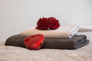 un corazón rojo sentado encima de las toallas en una cama en Düsseldorf Comfort Apartment en Düsseldorf