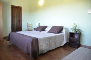 Un dormitorio con una cama con sábanas moradas y una silla en Casa Rural Alada, en Luelmo