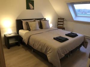 マースメヘレンにあるMaaszichtのベッドルーム1室(大型ベッド1台、タオル2枚付)