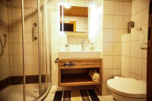 a bathroom with a shower and a sink and a toilet at Pension Sonnleit'n in Kirchdorf in Tirol