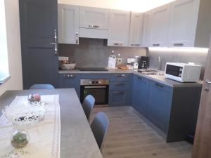 薩洛爾諾的住宿－ATL AGRITURISMO，厨房配有蓝色橱柜和带微波炉的桌子。