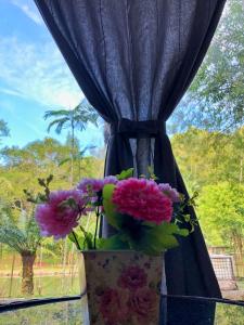 a vase filled with flowers on top of a table at Eco Capsule Resort at Teluk Bahang, Penang in Batu Ferringhi