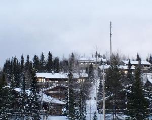 un edificio en la nieve con árboles y un poste en RUKA Saaruanaho F1 93 m2, en Kuusamo