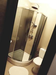 een badkamer met een douche en een toilet bij Hotel Bukowiec in Legionowo