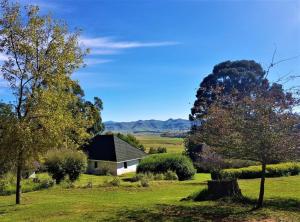 a house in the middle of a field with trees at Pear Tree Cottage-Underberg in Underberg