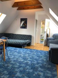 クリニツァ・ズドルイにあるCZARNY POTOK STUDIOのリビングルーム(ソファ、青い敷物付)