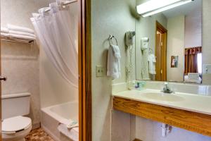 a bathroom with a sink and a toilet and a mirror at Fireside Inn and Suites in Devils Lake