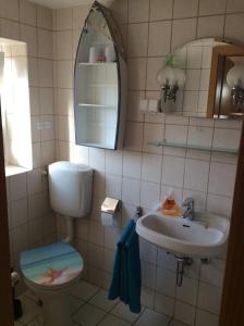 a bathroom with a sink and a toilet and a mirror at Haus am Treffenbach in Waldmünchen +17 photos