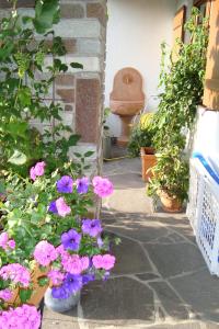 a patio with pink flowers in a yard at Landhaus Bachler in Brixen im Thale