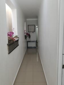 a hallway with white walls and a hallway with flowers at Alegria Hostal in Santiago de los Caballeros
