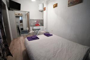 ein Schlafzimmer mit einem Bett mit lila Kissen darauf in der Unterkunft Apartman Rale in Belgrad