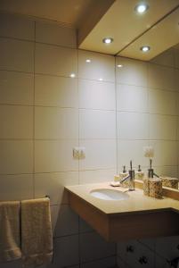 baño con lavabo y espejo grande en Studio Apartment En Providencia, en Santiago