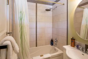 a bathroom with a shower and a tub and a sink at Heartwood Inn in Drumheller