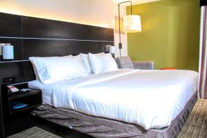 Cama grande en habitación de hotel con colcha blanca en Holiday Inn Express Rochester - Greece, an IHG Hotel, en Rochester