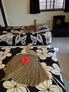 a bedroom with two beds and a dress on the floor at Muri Shores in Rarotonga