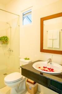 美奈的住宿－PHAM GIA HOTEL Mui Ne，一间带水槽、卫生间和镜子的浴室