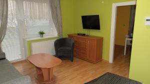 salon z telewizorem, krzesłem i stołem w obiekcie Apartment Věra w mieście Lipova Lazne