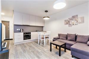 a living room with a couch and a table at Apartments Vilnius 1 near center with a roof terrace and parking in Vilnius