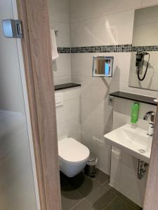 a small bathroom with a toilet and a sink at Gästehaus Alpinia in Berlin