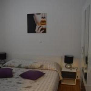ein Schlafzimmer mit einem Bett mit einem Bild an der Wand in der Unterkunft Apartments Svjetlana in Trogir